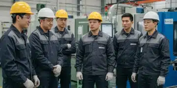 Diverse apprentices learning in a modern industrial setting with a mentor.