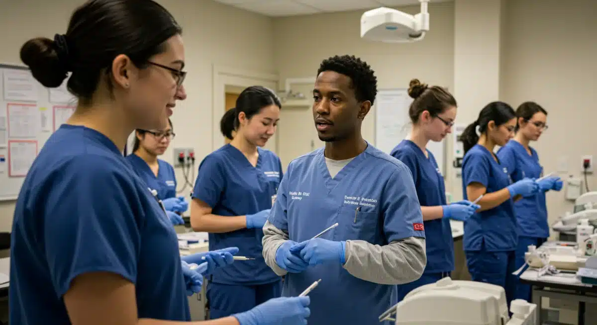 Healthcare apprentices training in a simulated clinical environment.