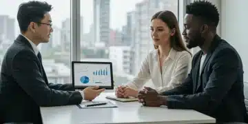 Financial advisor meeting with couple, discussing investment strategies