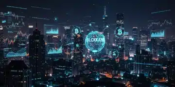 Futuristic digital city with blockchain network and financial data