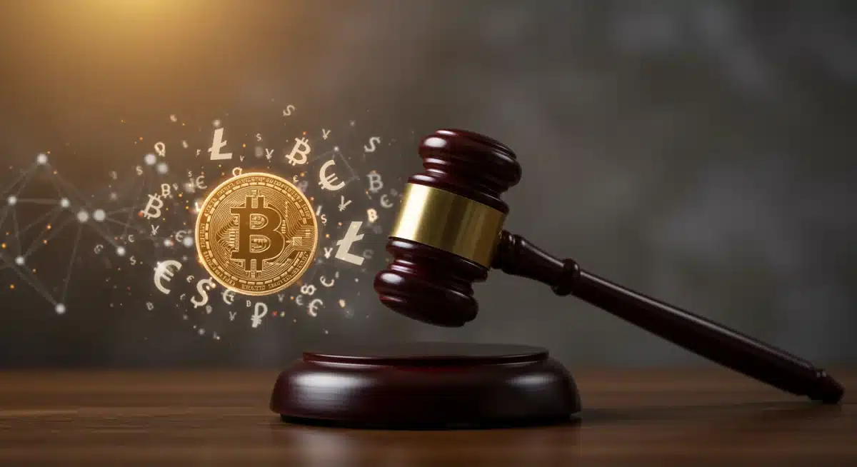 Gavel striking block with digital currency symbols