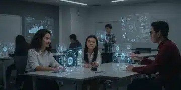 Students and professors interacting with AI in a futuristic university classroom.