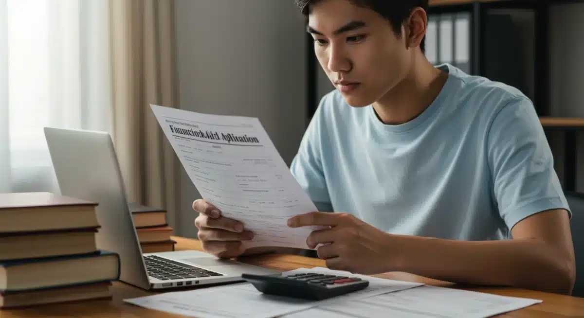 Student reviewing financial aid application on laptop