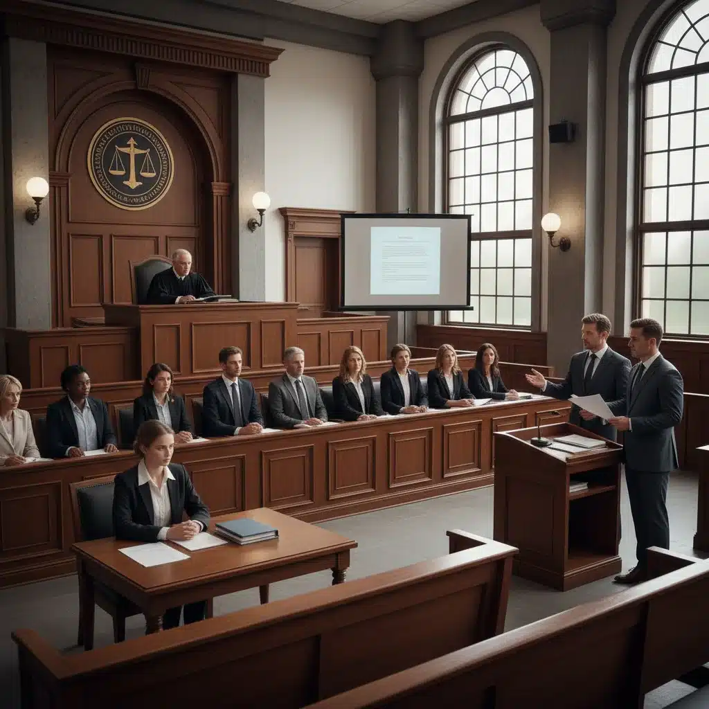 Courtroom scene with judge, lawyers, and jury reflecting judicial process