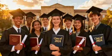 High school students celebrating dual enrollment success with college textbooks