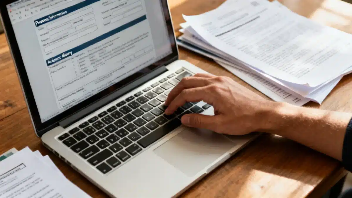 Student completing online graduate school application form