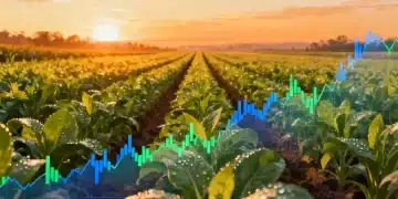 Sunrise over a vast agricultural field, symbolizing the 2026 agricultural outlook and potential shifts in food prices due to federal subsidies.