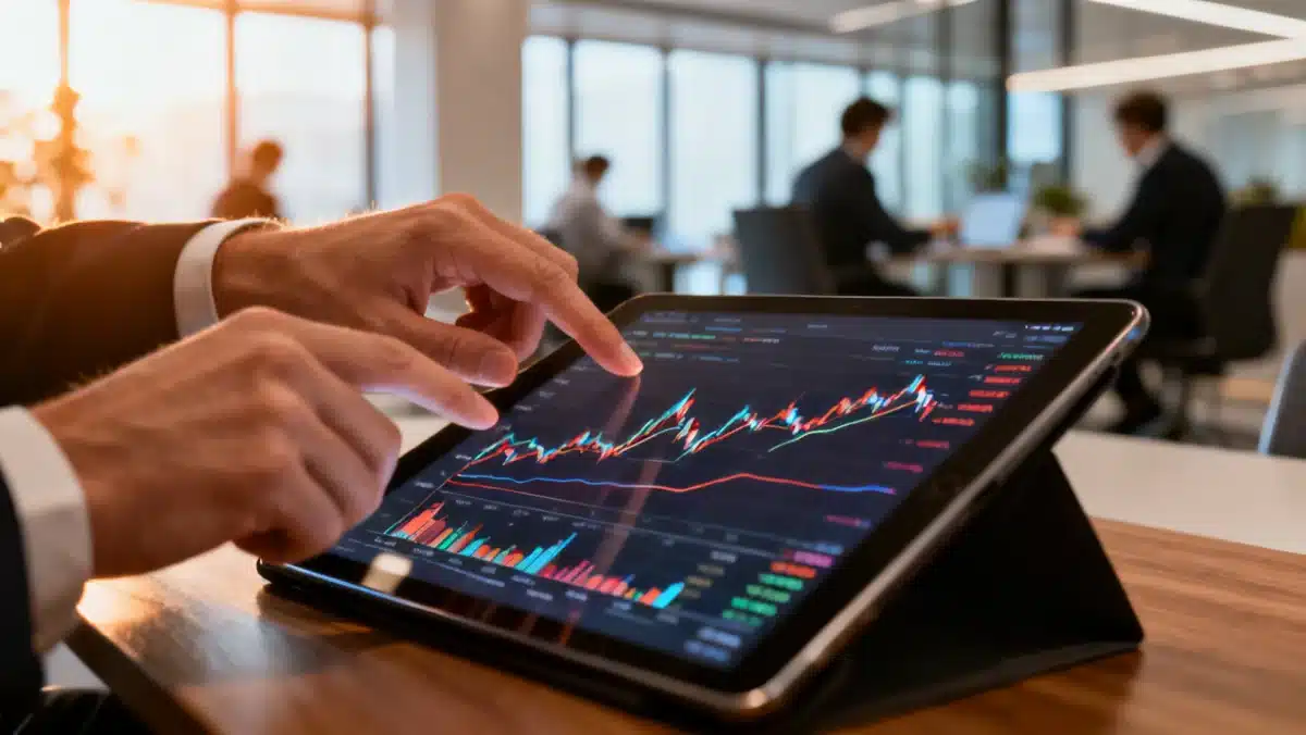 Financial analyst examining bond yield curves on a tablet, demonstrating data-driven investment decisions.