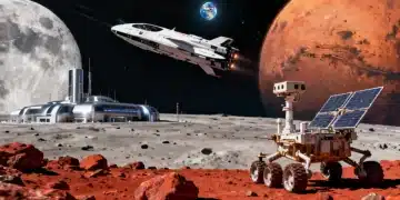 Futuristic lunar base and Mars rover, symbolizing NASA's 2026 exploration goals