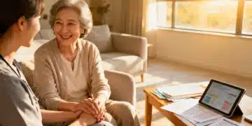 Smiling senior woman holding hands with caregiver, surrounded by documents and tablet