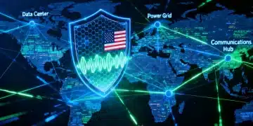 Futuristic digital battlefield with U.S. cyber defense protecting critical infrastructure from glowing data attacks.