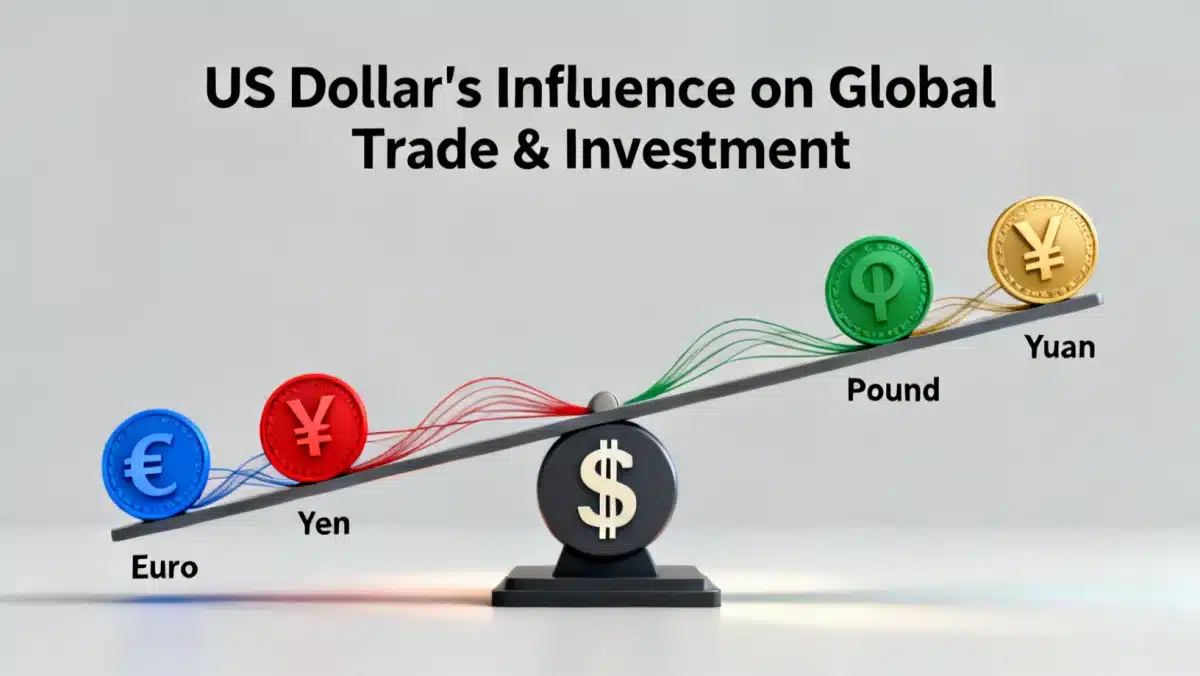 Global currencies balancing on a scale with US dollar influence