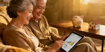 Couple planning retirement finances on a tablet with symbols of savings and home ownership.