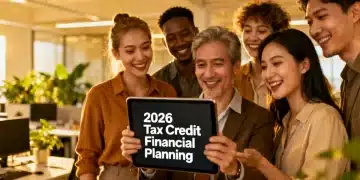 Small business owners reviewing 2026 tax credit documents on a tablet
