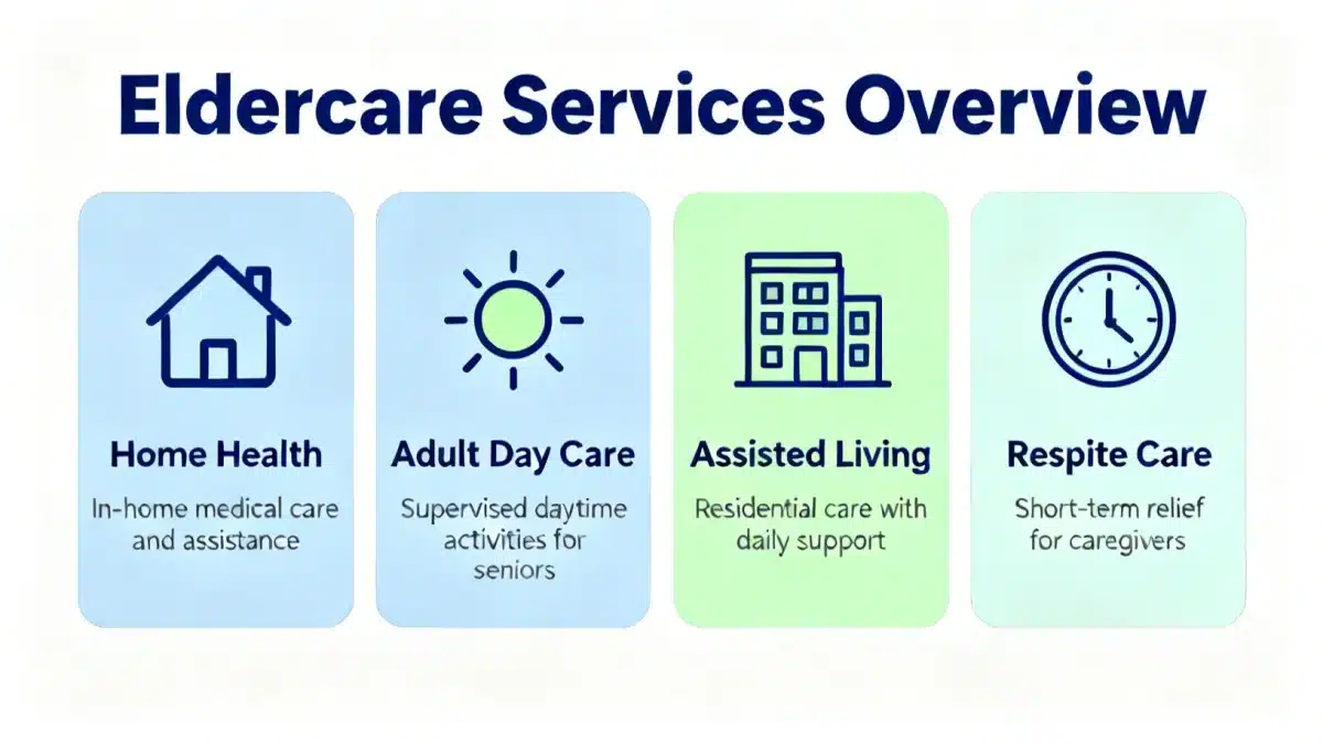 Infographic detailing various eldercare services: home health, adult day care, assisted living, respite care
