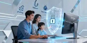 Digital shield protecting a family from online threats, symbolizing 2026 consumer protection regulations.