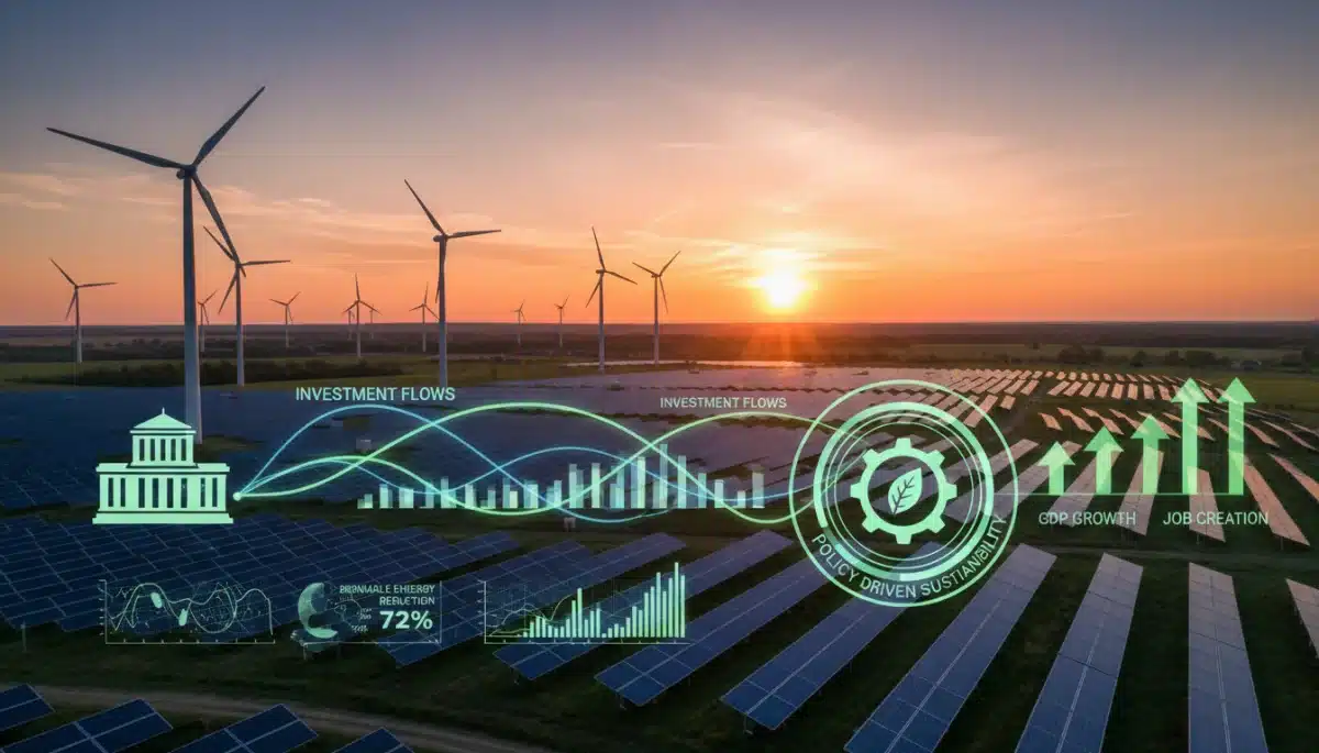 Wind turbines and solar panels illustrating green energy policy and economic growth.
