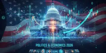 Illustration of political and economic intersection in 2026, with Capitol and market graphs.