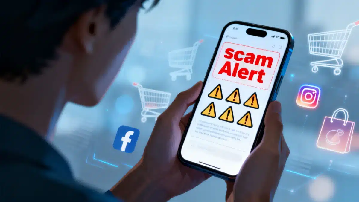 Person receiving a scam alert on a smartphone, illustrating vigilance against online fraud.