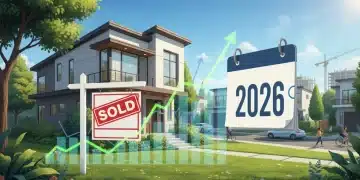 Modern house with 'Sold' sign and upward financial graphs for 2026 housing market