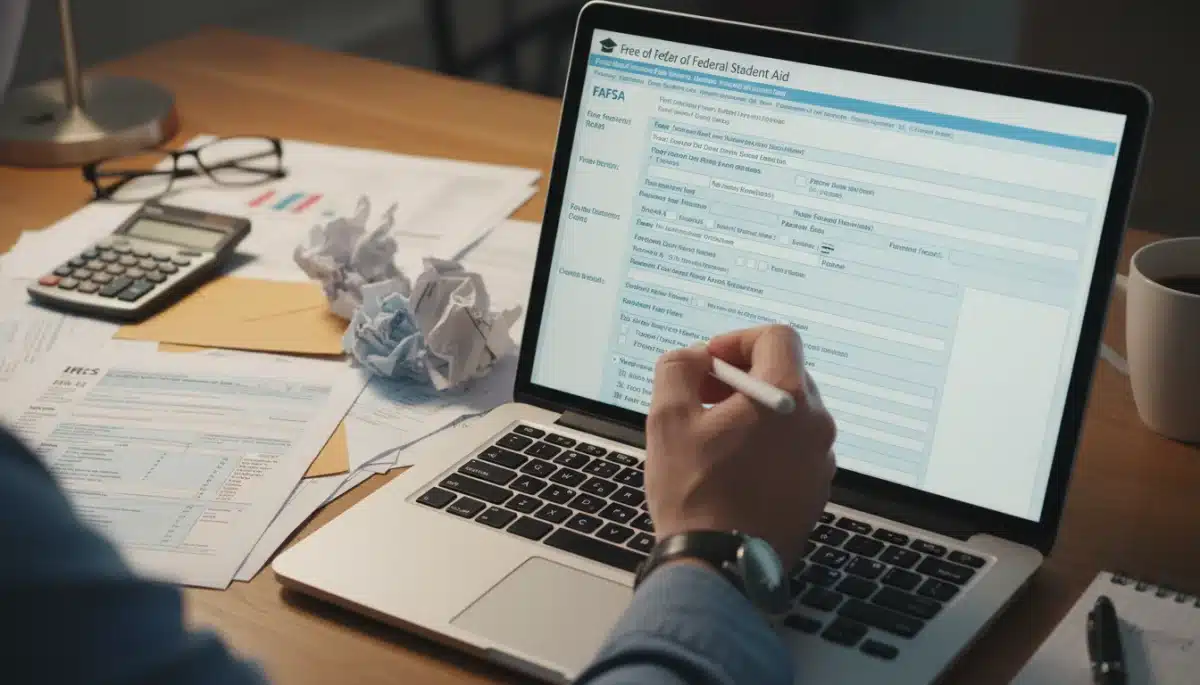 Hand filling out 2026 FAFSA form with financial documents