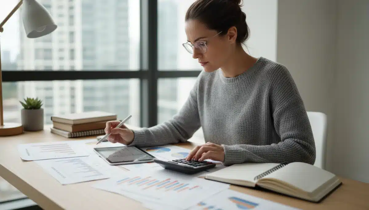Individual meticulously reviewing financial documents and budgeting to counter inflation