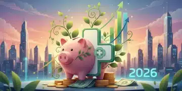 Illustration of a medical cross piggy bank with growth charts, symbolizing HSA growth and future financial planning.