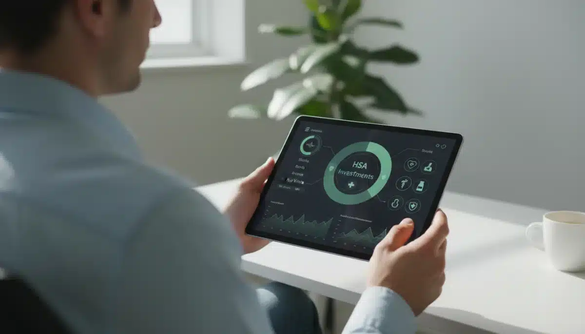 Person reviewing an investment portfolio on a tablet, focusing on HSA investment strategies.
