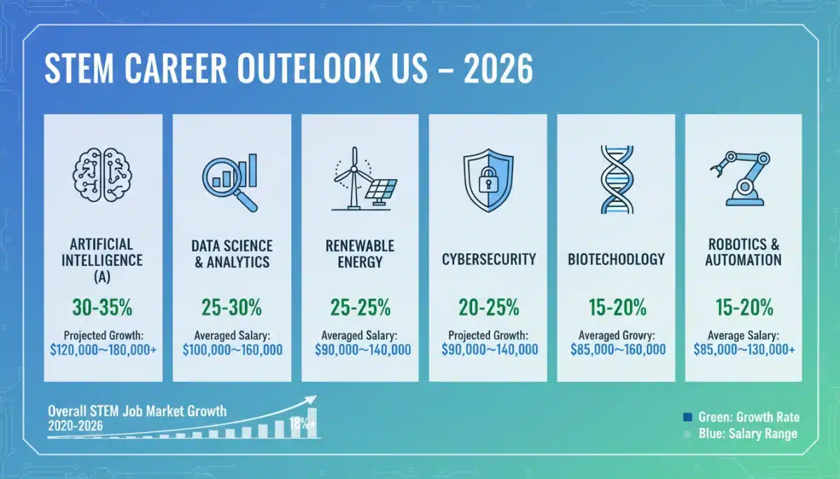 Infographic detailing projected STEM job growth and salaries in the US for 2026.