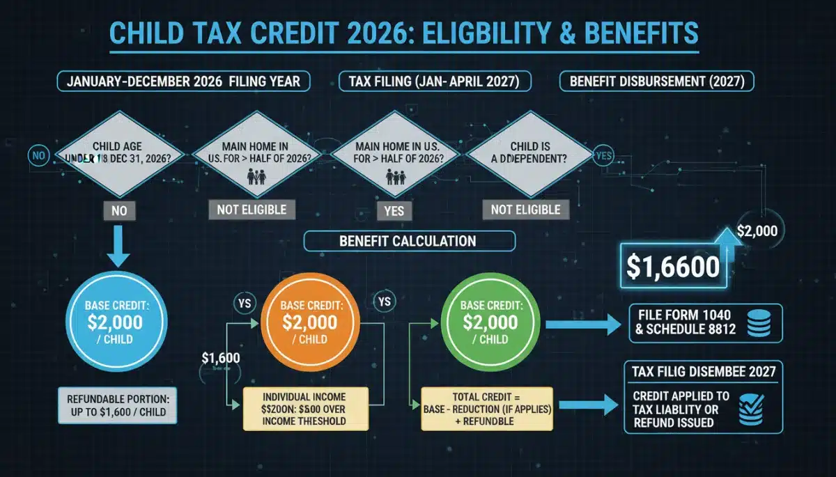 Infographic showing Child Tax Credit 2026 eligibility and benefit calculation