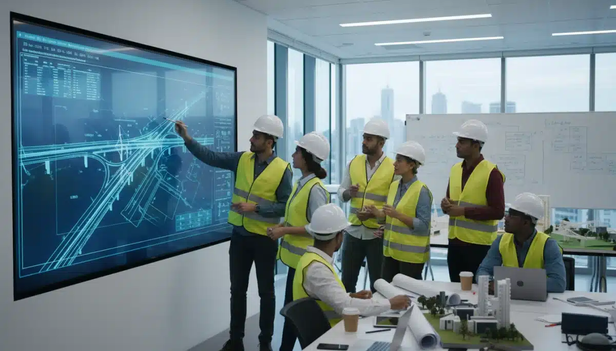 Engineers reviewing digital blueprints for infrastructure project development