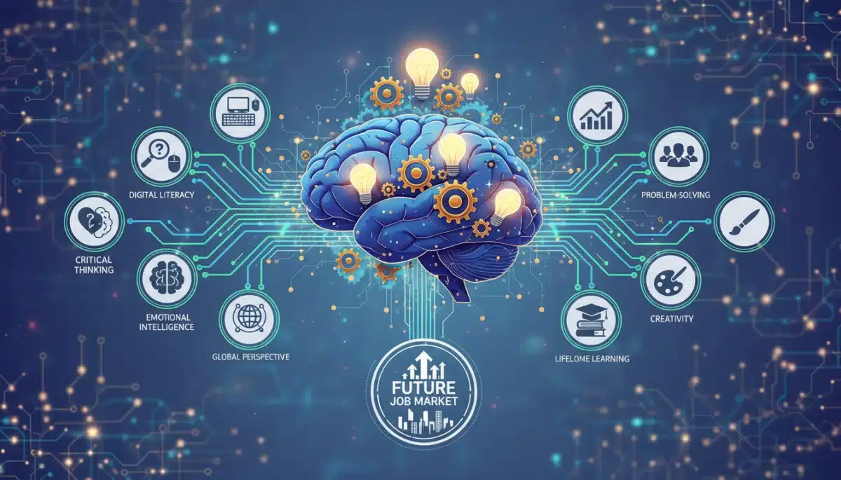 Illustration of essential skills like critical thinking and digital literacy interconnected for the future job market.