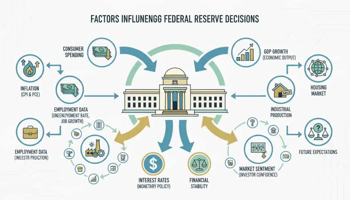 Infographic showing factors influencing Federal Reserve decisions: inflation, employment, GDP.