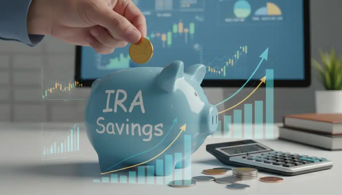 Hand placing coin into IRA savings piggy bank