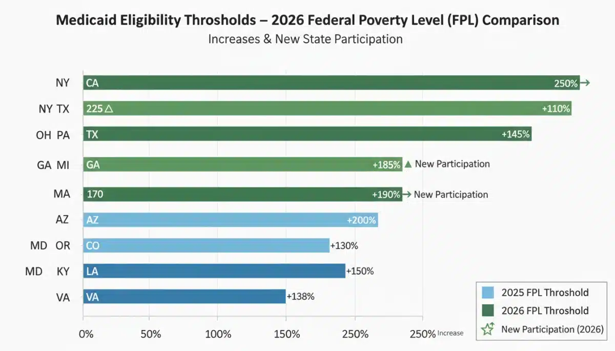 Infographic showing Medicaid eligibility thresholds and FPL percentages in 2026 by state