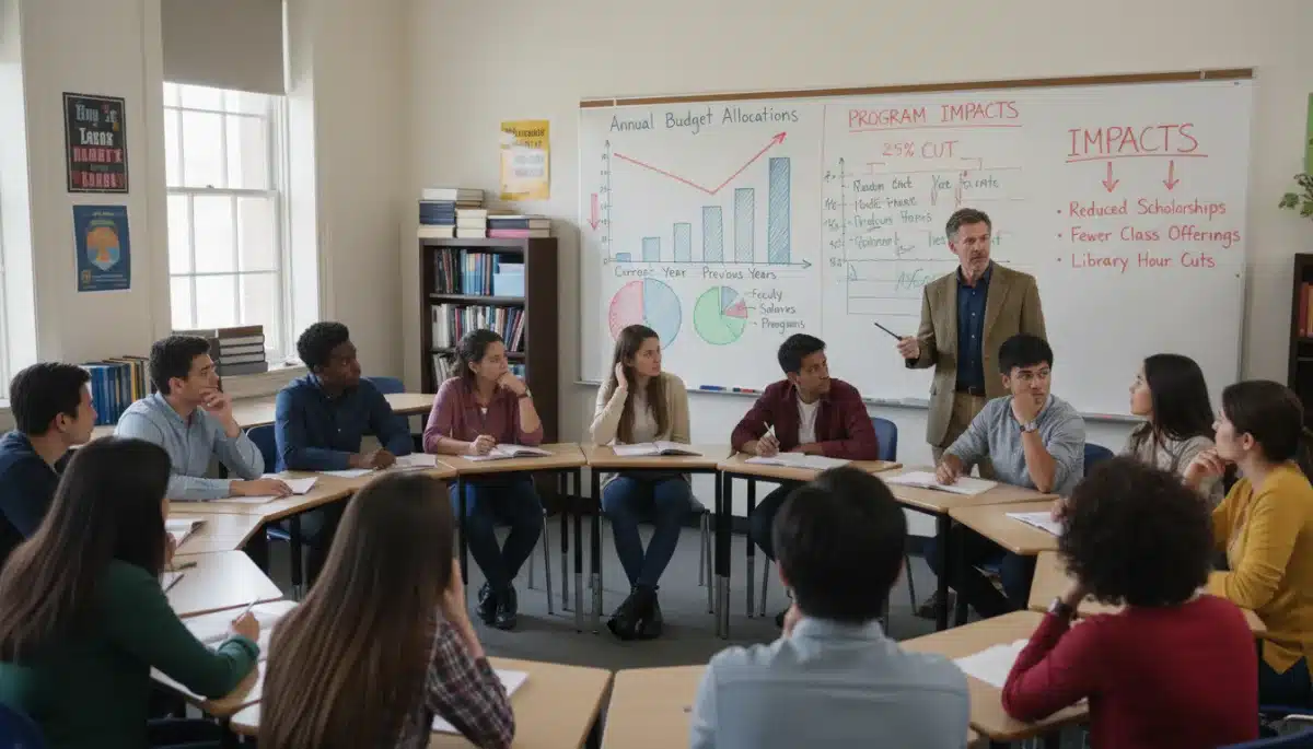 Students and teacher looking concerned about education budget cuts