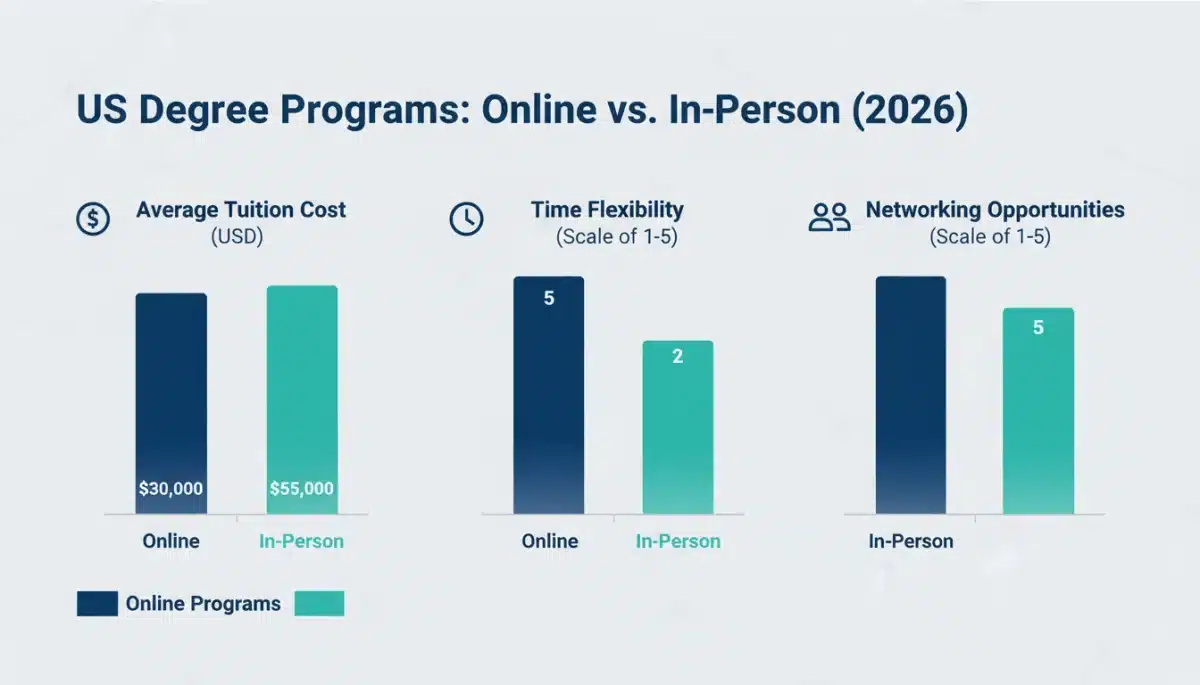 Infographic comparing costs and benefits of online vs campus degrees