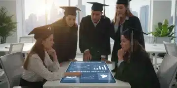 Students reviewing student loan forgiveness information on a tablet
