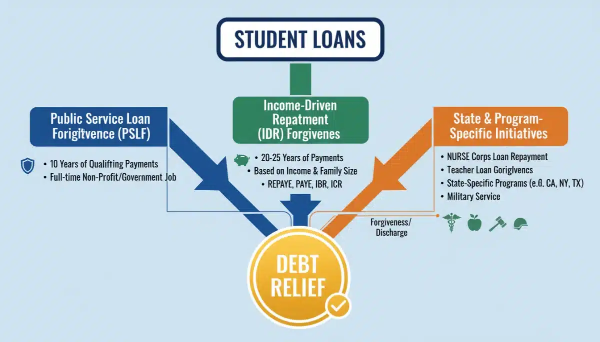 Infographic showing various student loan forgiveness pathways