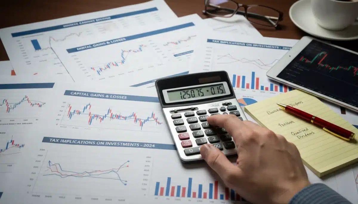 Hand with calculator over stock market graphs, symbolizing tax planning.