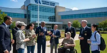 Veterans gathering outside a modern VA facility, representing community and support for updated benefits.