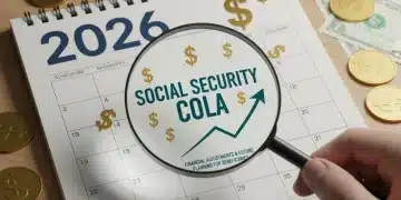 Calendar 2026 with Social Security COLA magnified, dollar signs, and upward trend graph