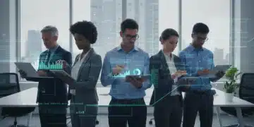 Employees reviewing ERISA benefit statements on digital devices in a modern office