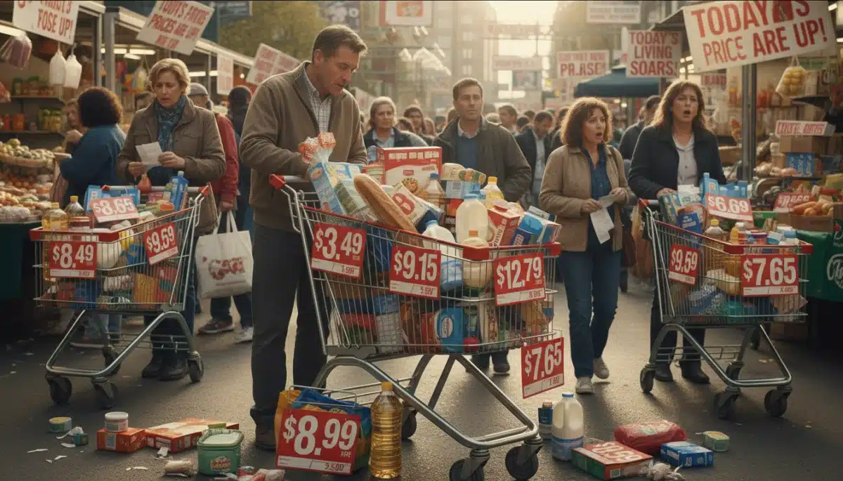 Shopping cart with increased grocery prices symbolizing inflation impact