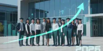 Professionals celebrating graduation with financial growth charts in the background