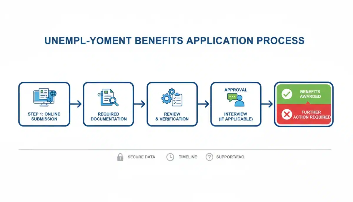 Flowchart depicting the unemployment benefits application process steps.