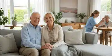 Elderly couple smiling, secure in their home with long-term care support