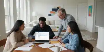 Family completing FAFSA application on laptop, reviewing financial documents