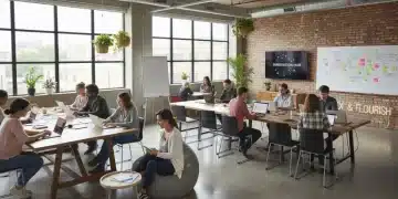 Diverse gig workers collaborating in a modern co-working space, symbolizing the future of work.