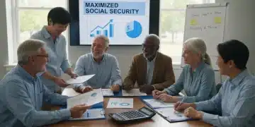 Group of happy retirees planning finances with Social Security documents.